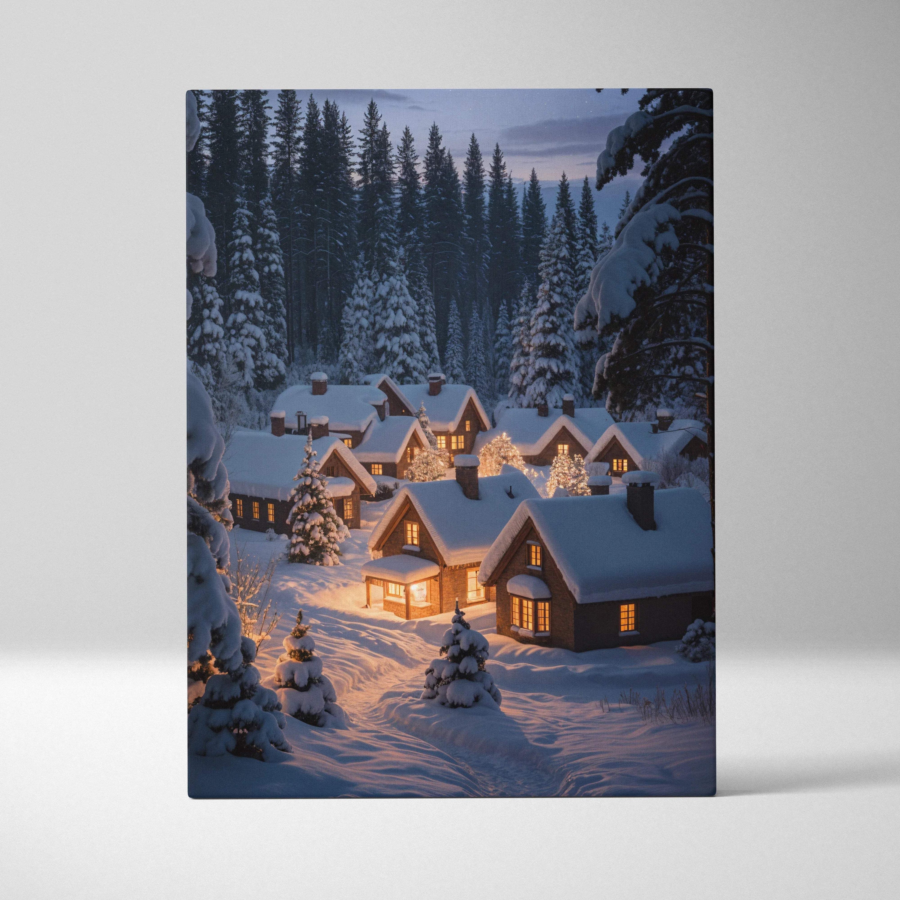 Snowy cabins with warm glow nestled among silent pines at dusk