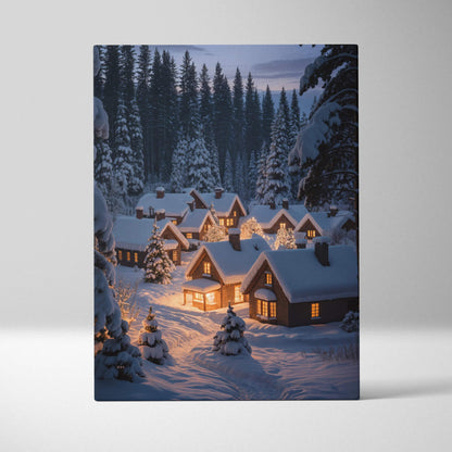 Snowy cabins with warm glow nestled among silent pines at dusk