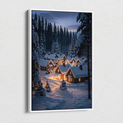 White-framed canvas print of dreamlike winter village at dusk with snowy cabins and pines