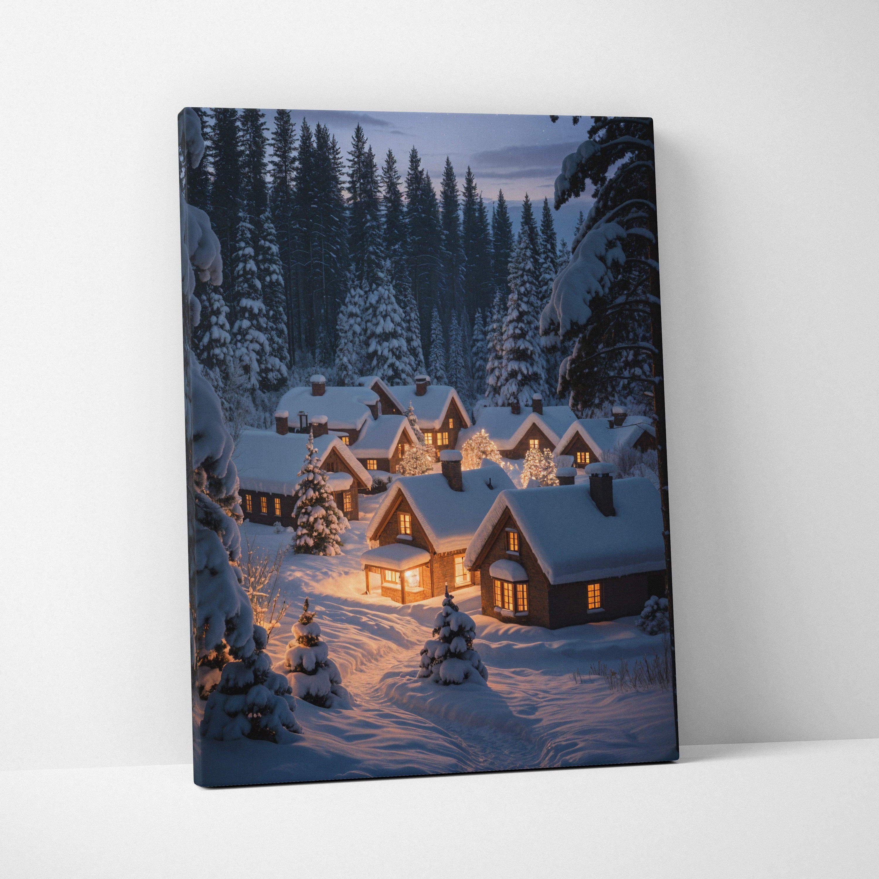 Snow-covered wooden cabin village canvas print at dusk