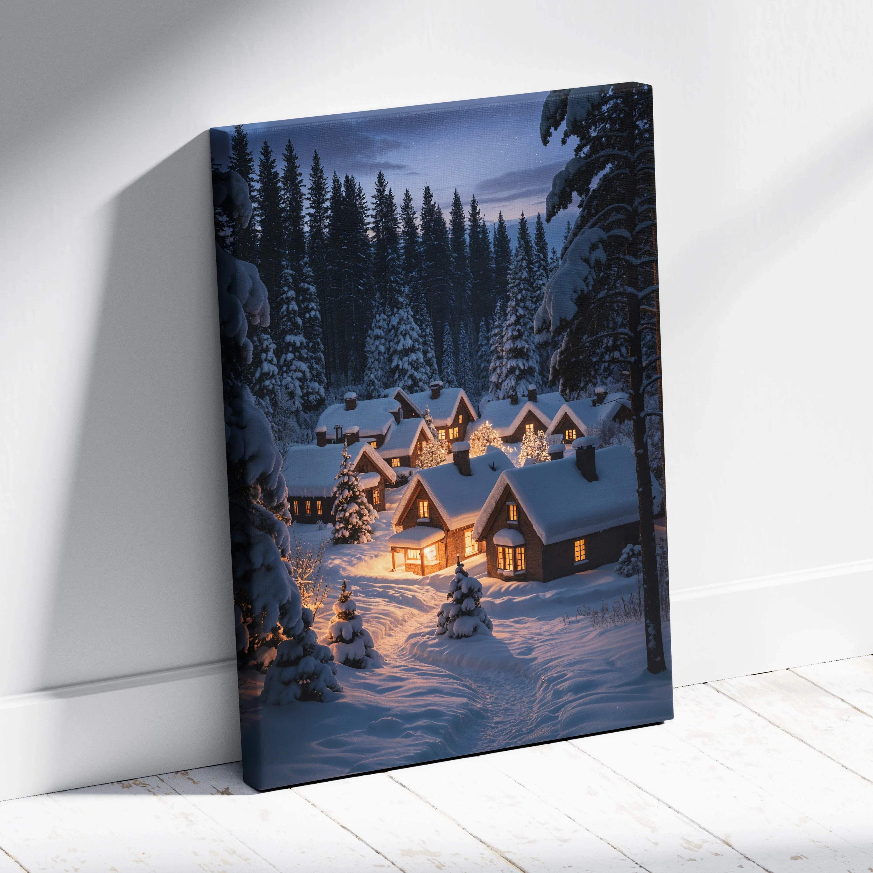 Snowy winter village canvas print with cozy cabins glowing at dusk among pines