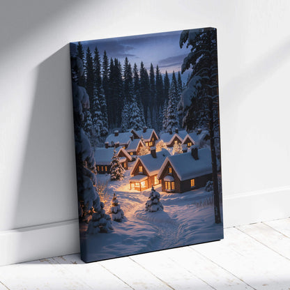 Snowy winter village canvas print with cozy cabins glowing at dusk among pines