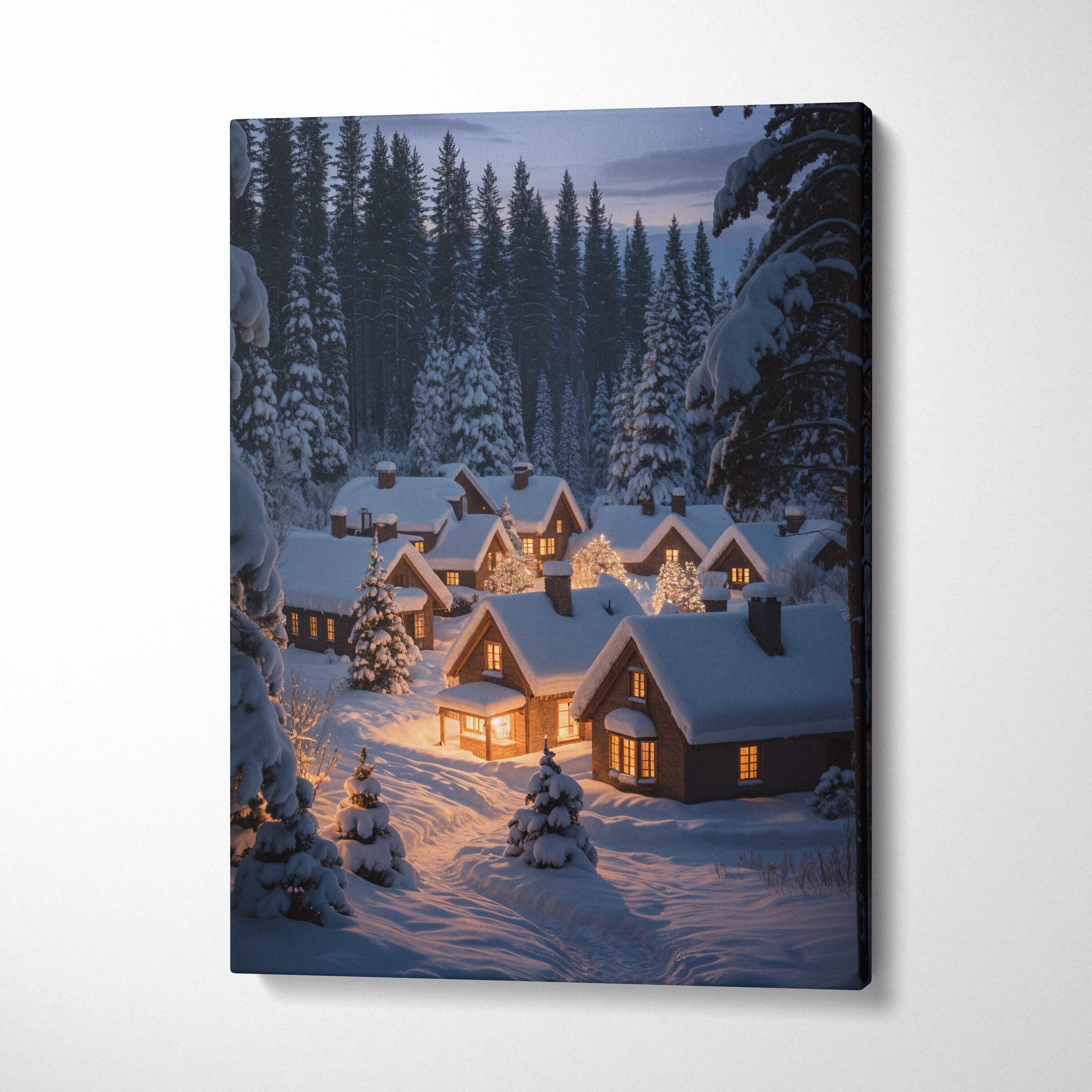 Snowy canvas print of winter village cabins with warm lights and pines