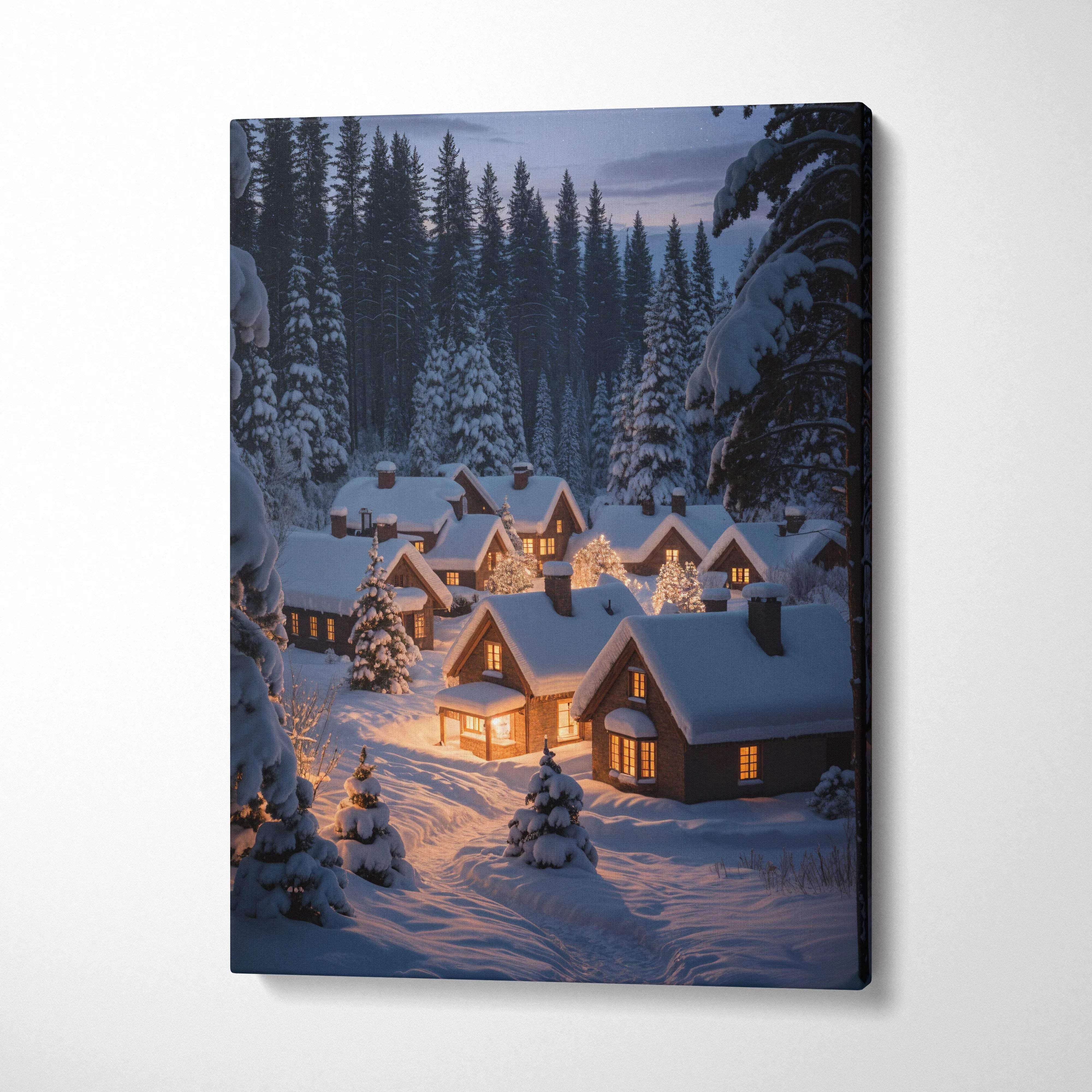 Snowy canvas print of winter village cabins with warm lights and pines