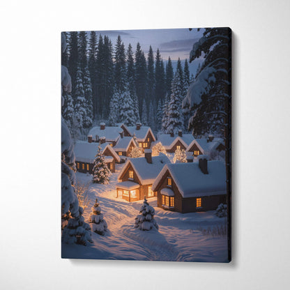 Snowy canvas print of winter village cabins with warm lights and pines