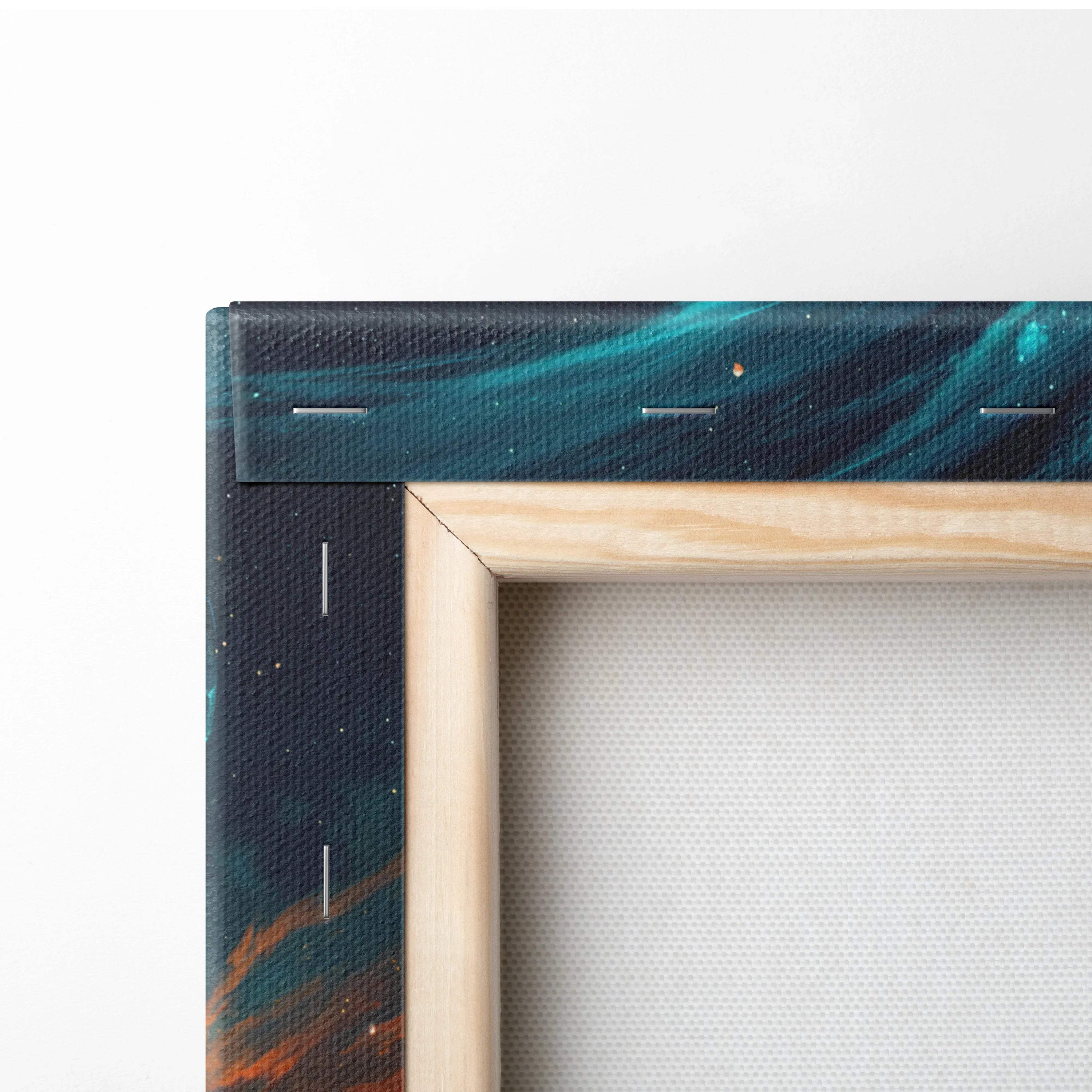 Wooden-framed canvas print of fantasy city rising among glowing crystals and airships in cosmic blue sunset nebula