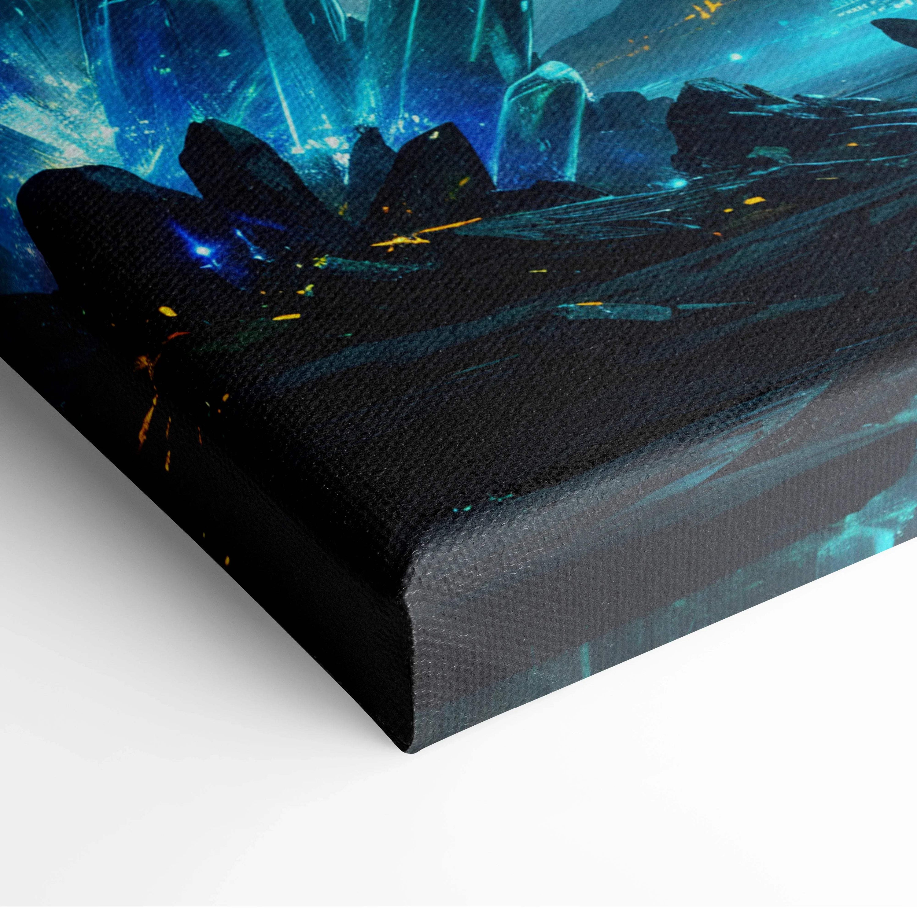 Fantasy city canvas wall art with glowing blue crystals, airships, cosmic sunset clouds