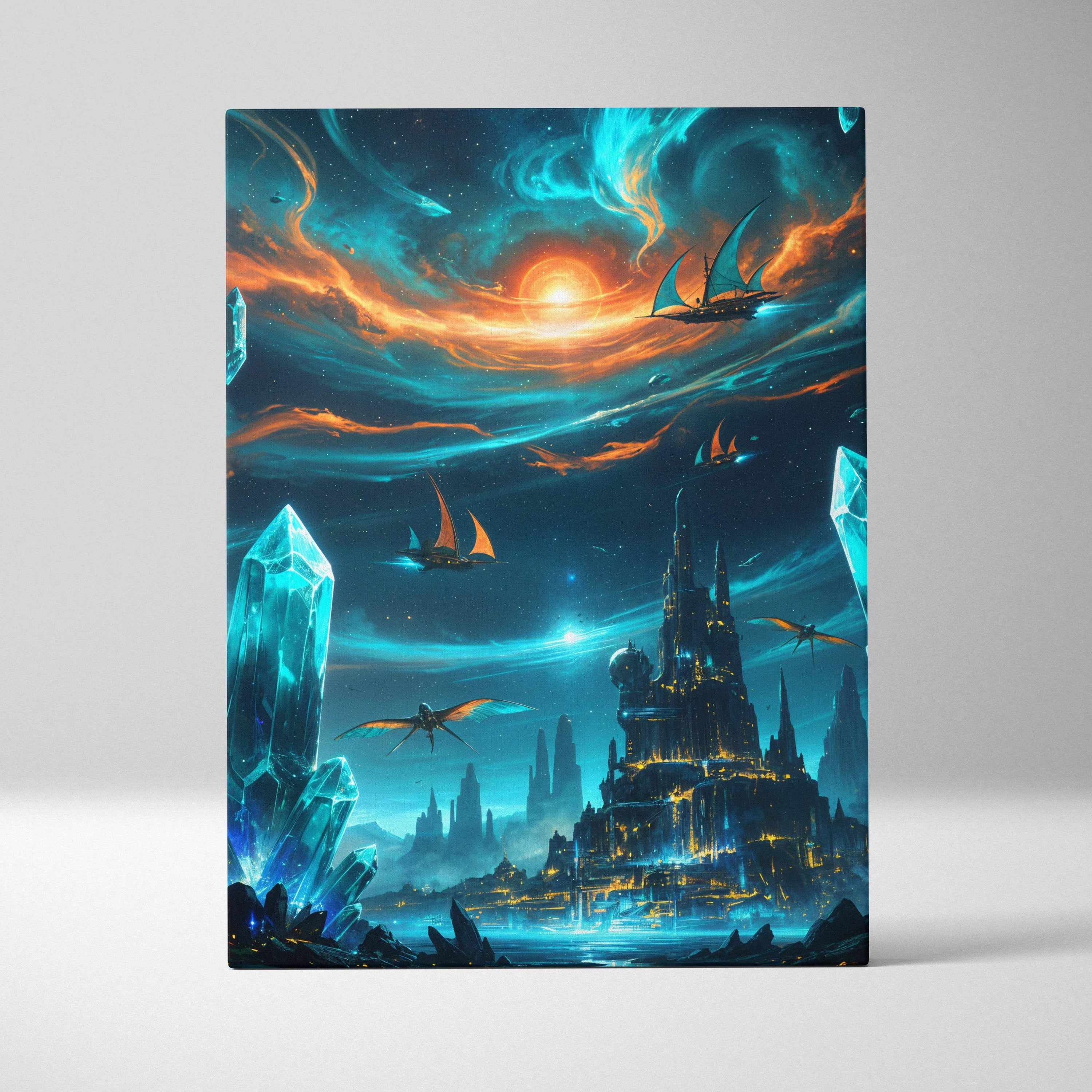 Fantasy canvas wall art of glowing crystal city with airships under aurora sky