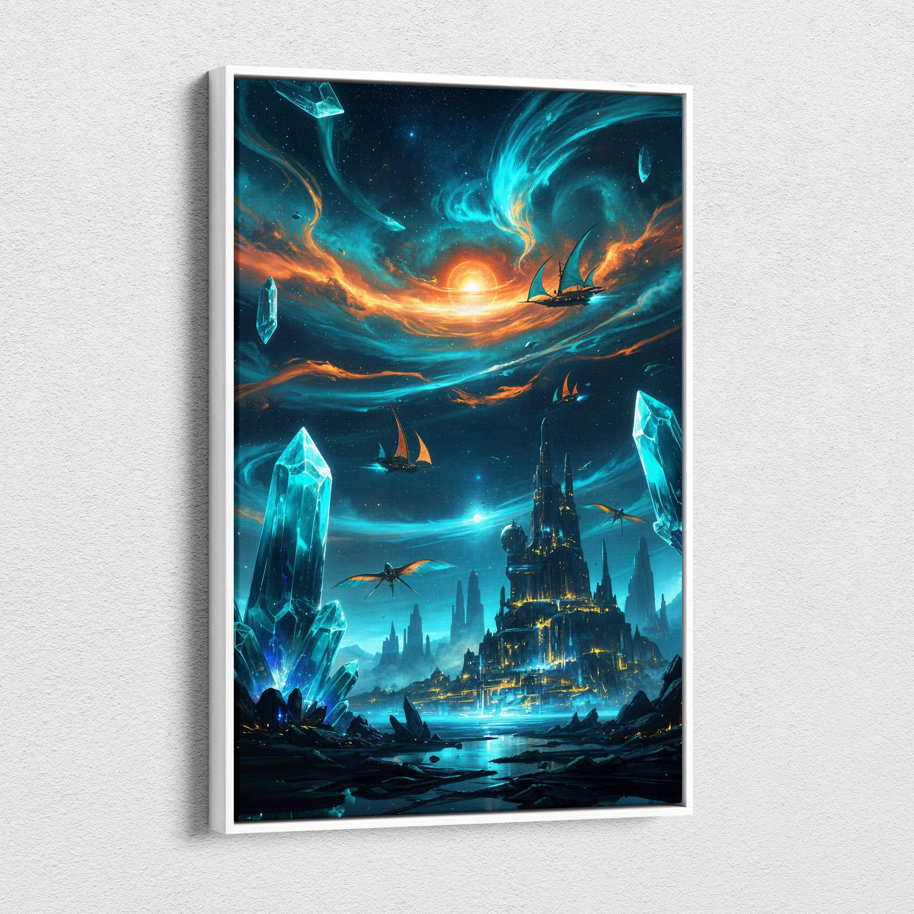 Framed fantasy canvas art of city rising among glowing crystals, airships, cosmic clouds at sunset in blue tones