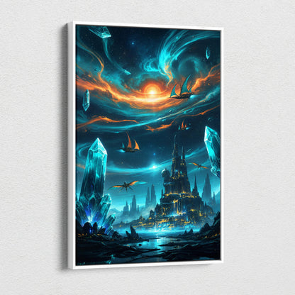 Framed fantasy canvas art of city rising among glowing crystals, airships, cosmic clouds at sunset in blue tones