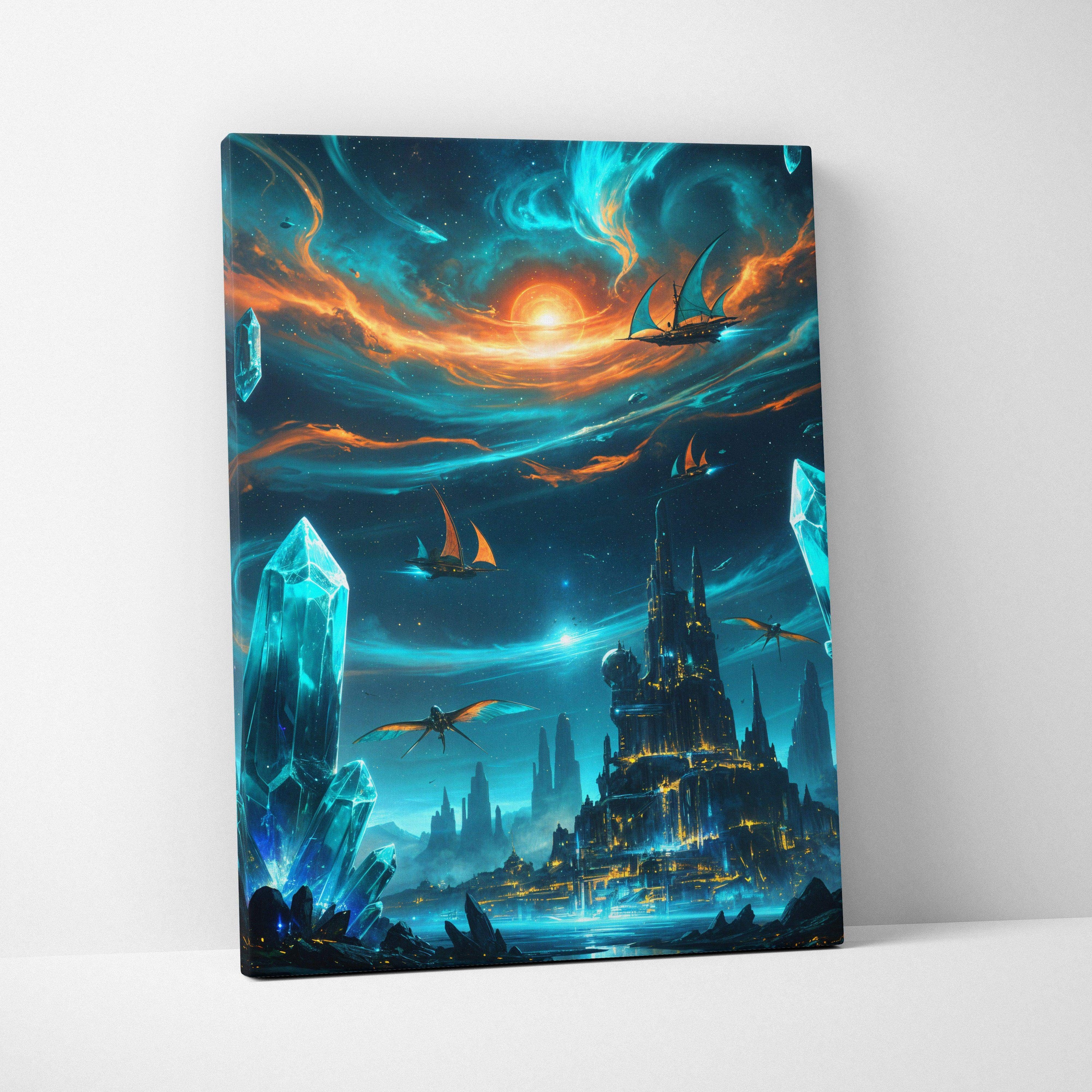 Fantasy city canvas wall art with glowing crystals, airships, cosmic clouds at sunset