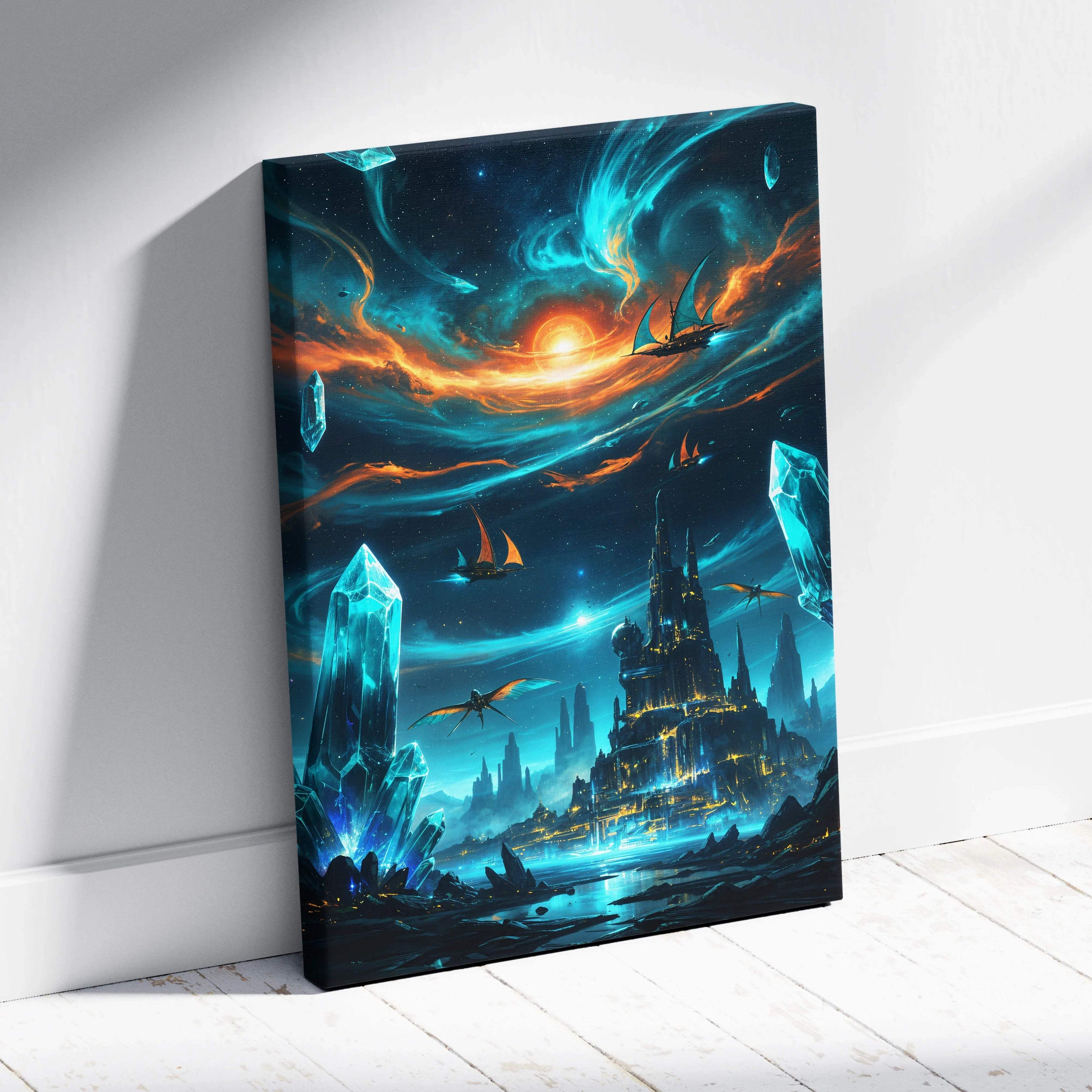 Fantasy canvas print of glowing crystal castle, airships, dragons in cosmic sunset skies