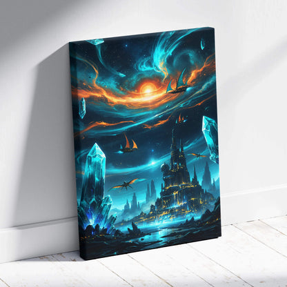 Fantasy canvas print of glowing crystal castle, airships, dragons in cosmic sunset skies