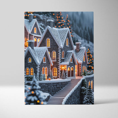 Snowy stone cottage village in mountains with warm glowing lights