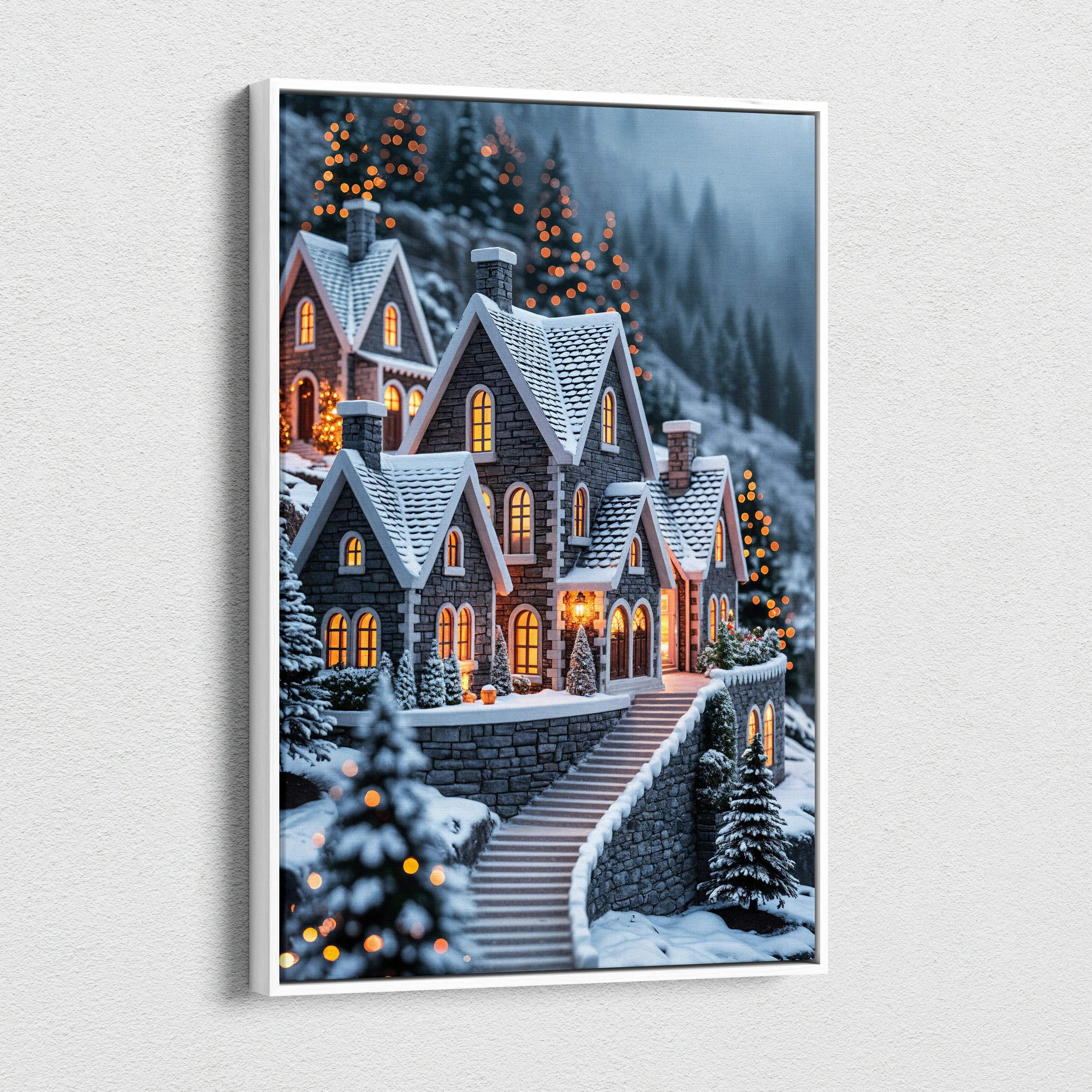 Cozy stone village in snowy mountains canvas wall art with warm glowing lights