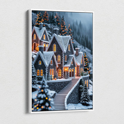 Cozy stone village in snowy mountains canvas wall art with warm glowing lights