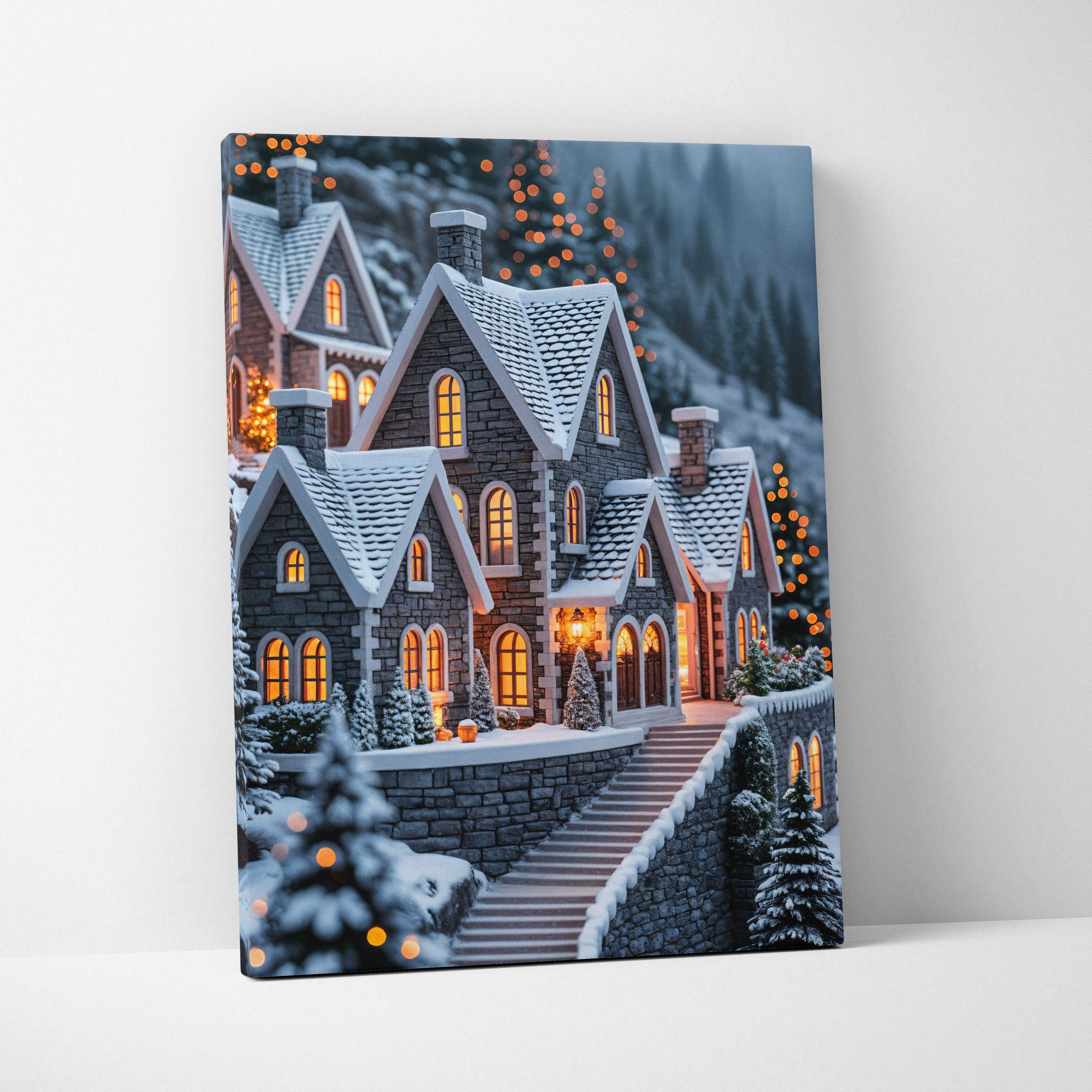 Snow-covered stone village canvas print with glowing windows and festive lights