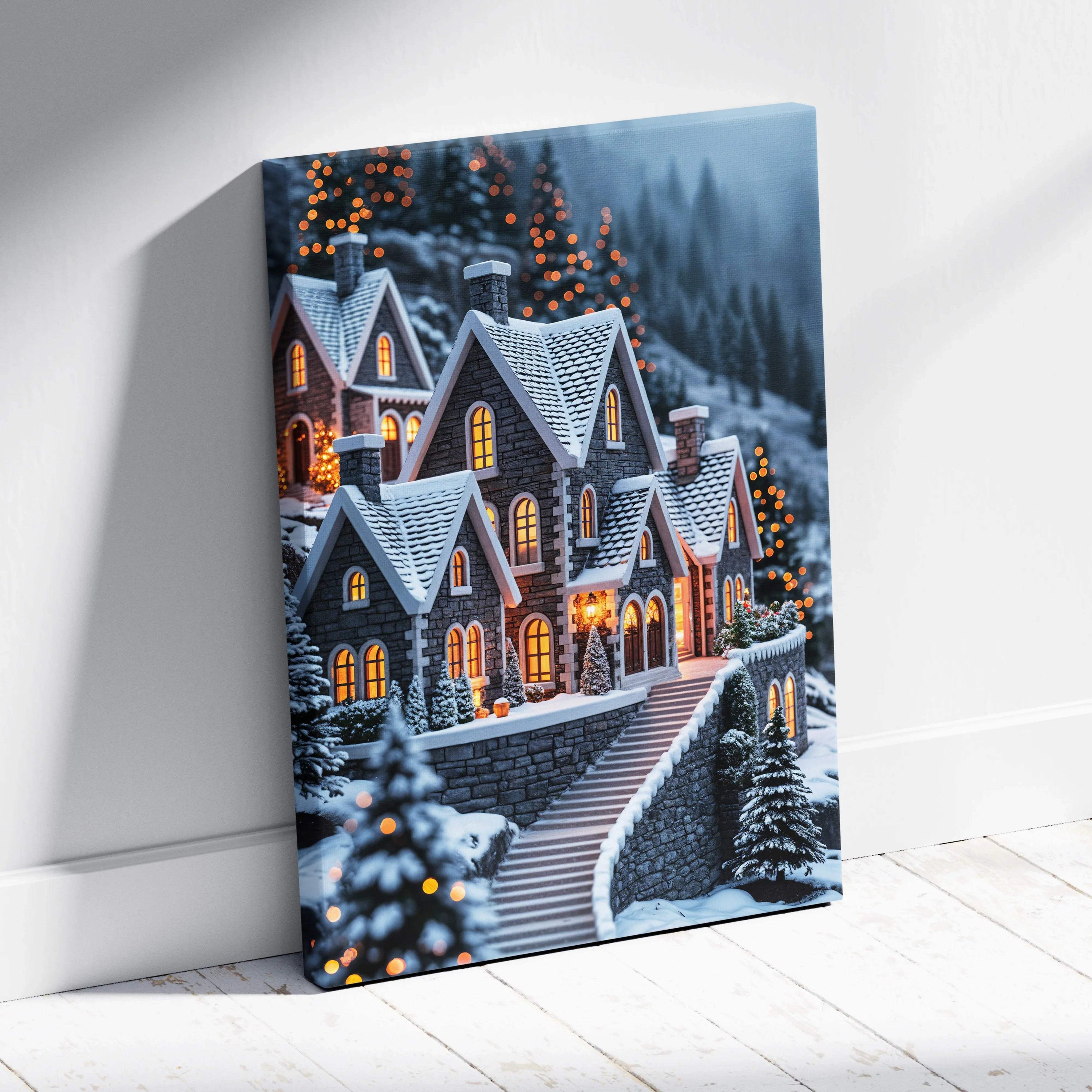 Cozy stone village in snowy mountains canvas wall art with warm glowing lights