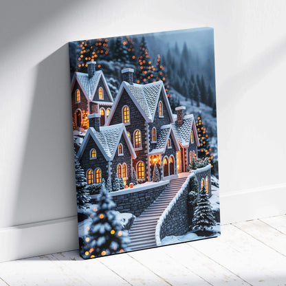 Cozy stone village in snowy mountains canvas wall art with warm glowing lights