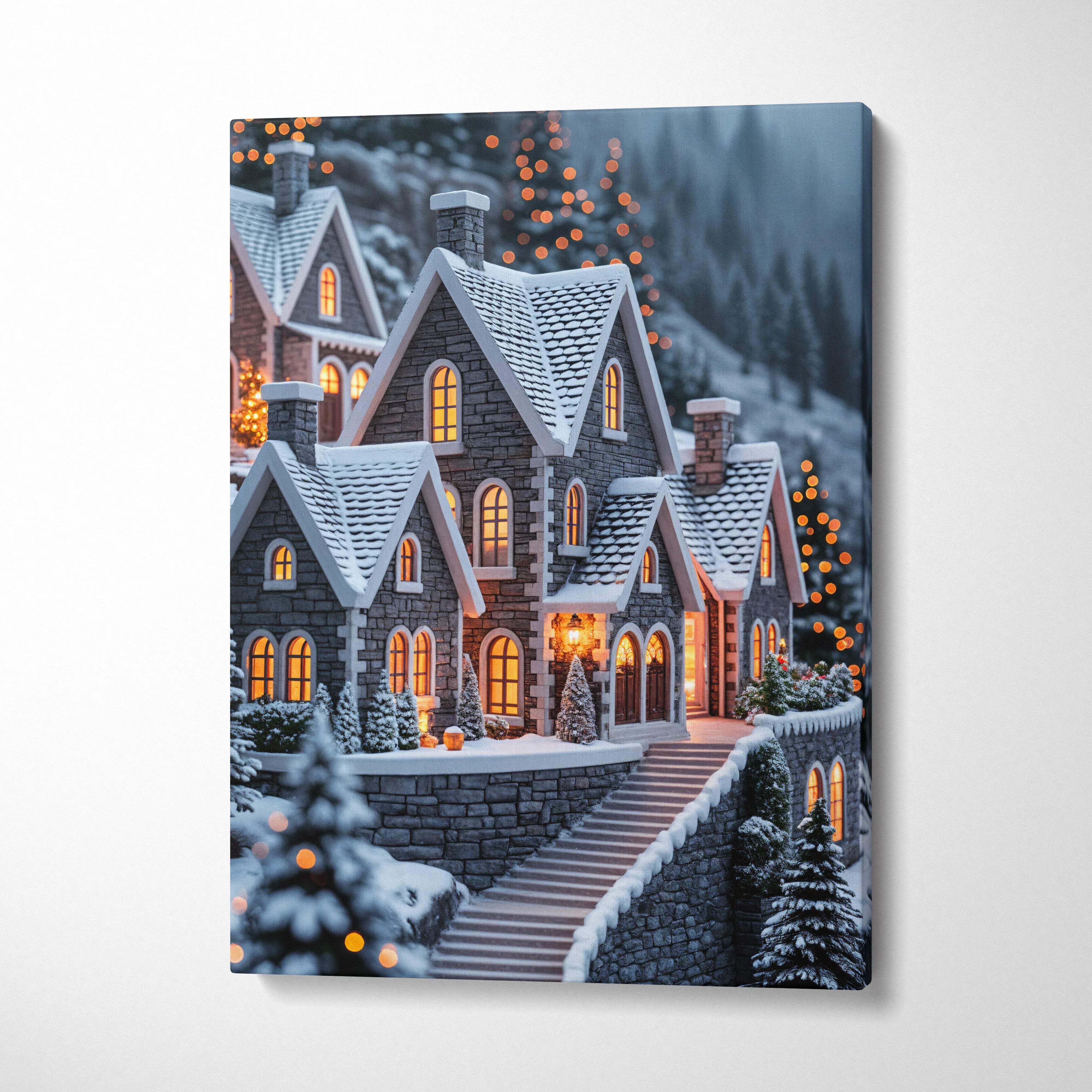 Cozy snow-covered stone village canvas print with warm glowing windows and Christmas lights