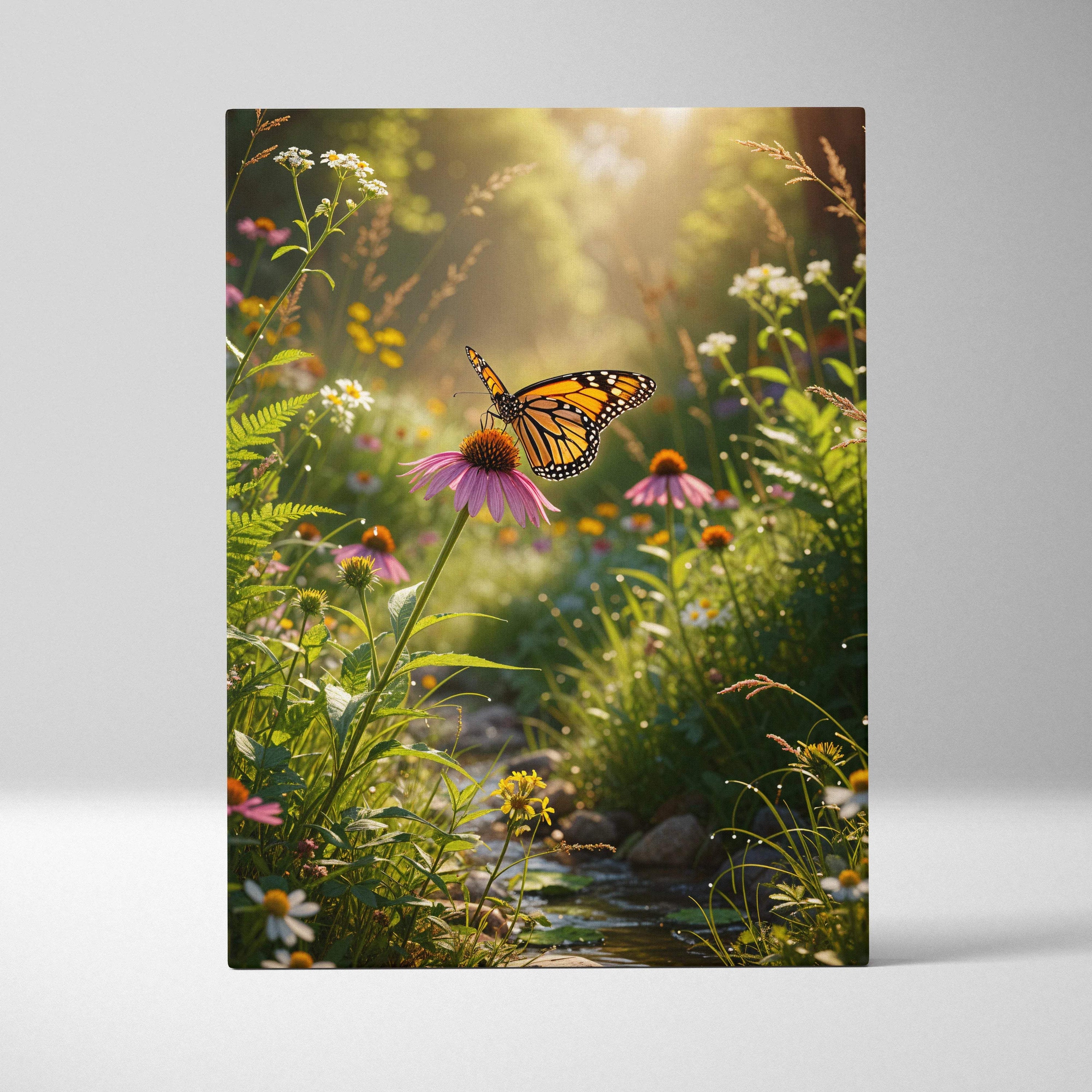 Monarch butterfly on pink coneflower in sunlit meadow canvas art