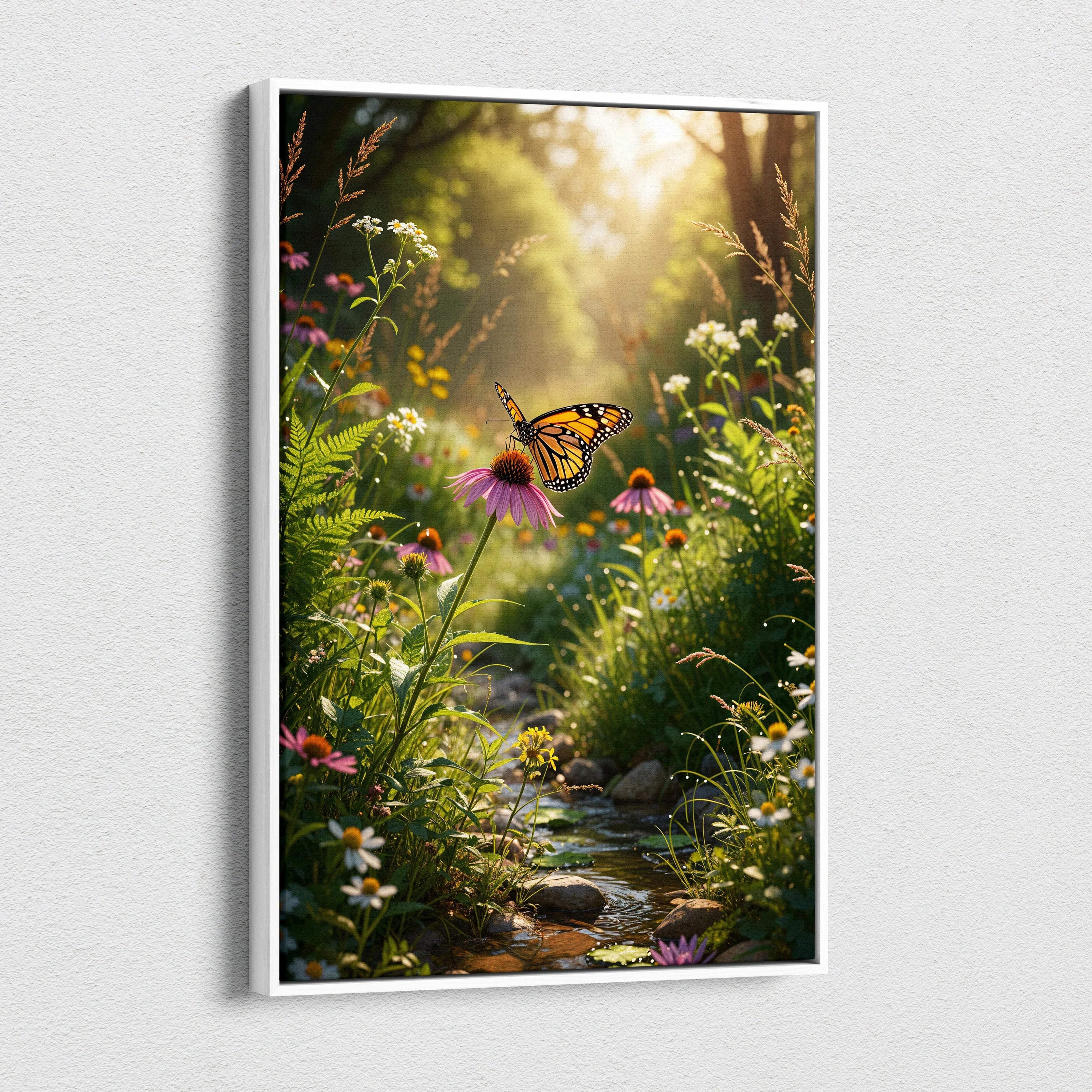 Framed canvas print of monarch butterfly on pink coneflower in sunlit meadow