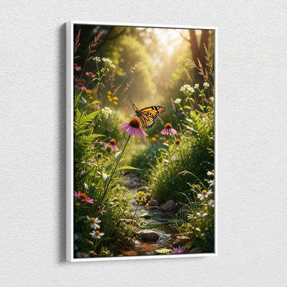 Framed canvas print of monarch butterfly on pink coneflower in sunlit meadow