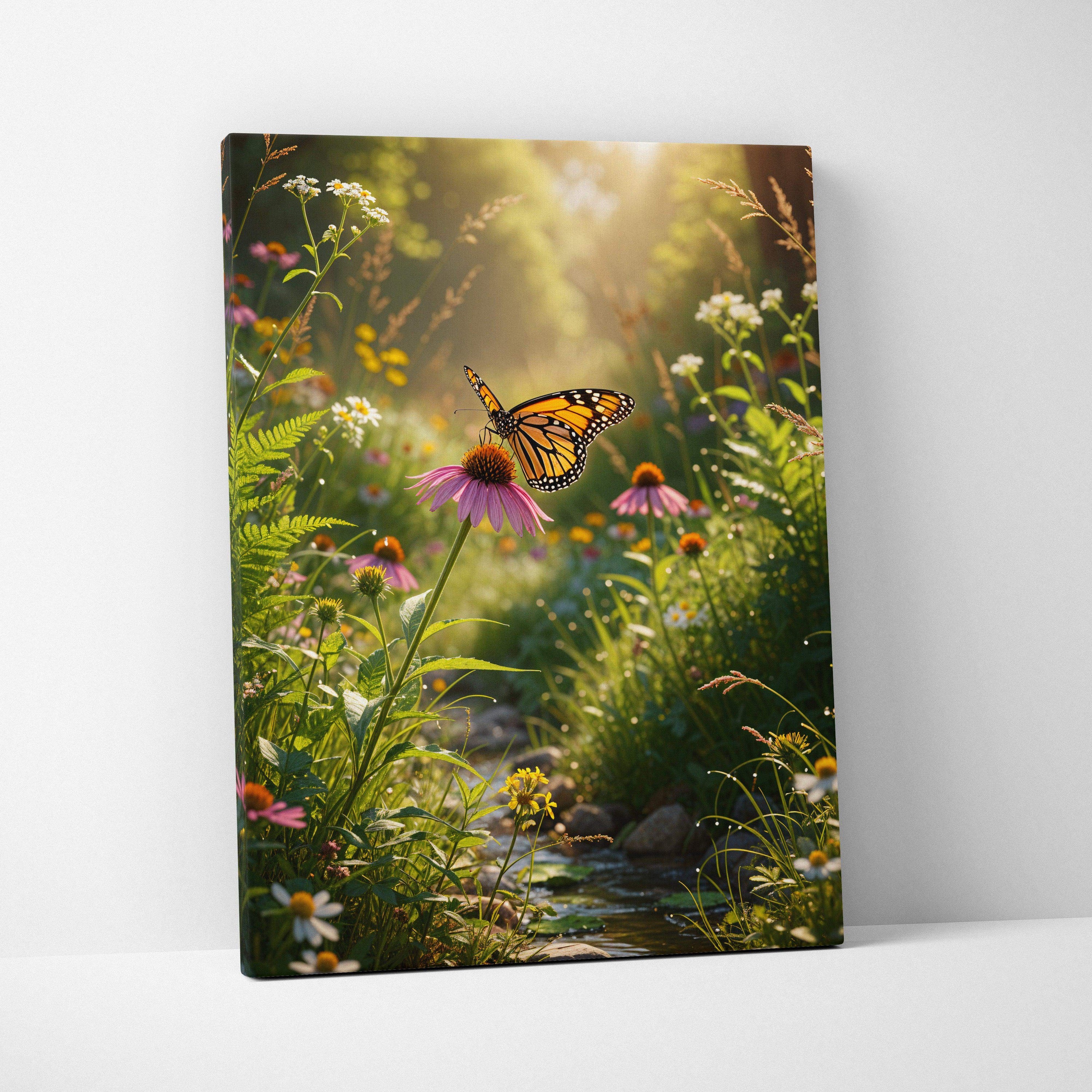 Monarch butterfly on pink coneflower in sunlit meadow canvas wall art