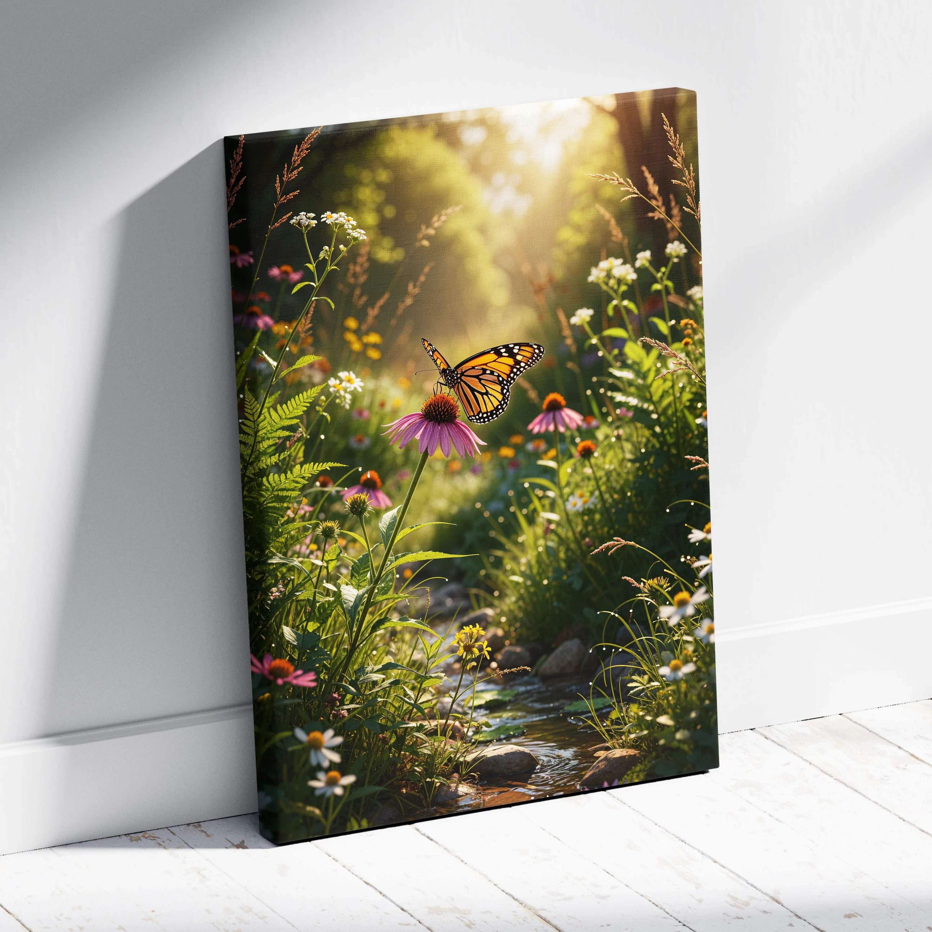 Monarch butterfly on pink coneflower in sunlit meadow canvas wall art