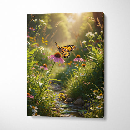 Monarch butterfly on pink coneflower in sunlit meadow canvas art