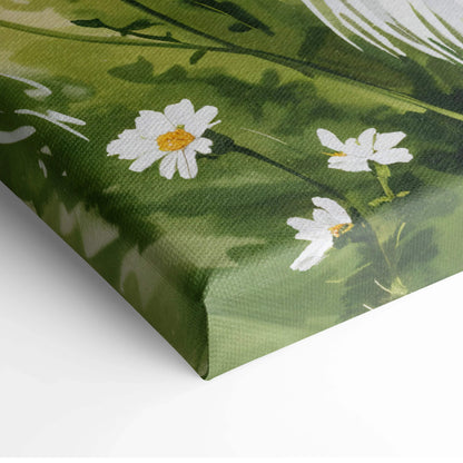 Green canvas print of painterly collie in wildflower meadow with daisies