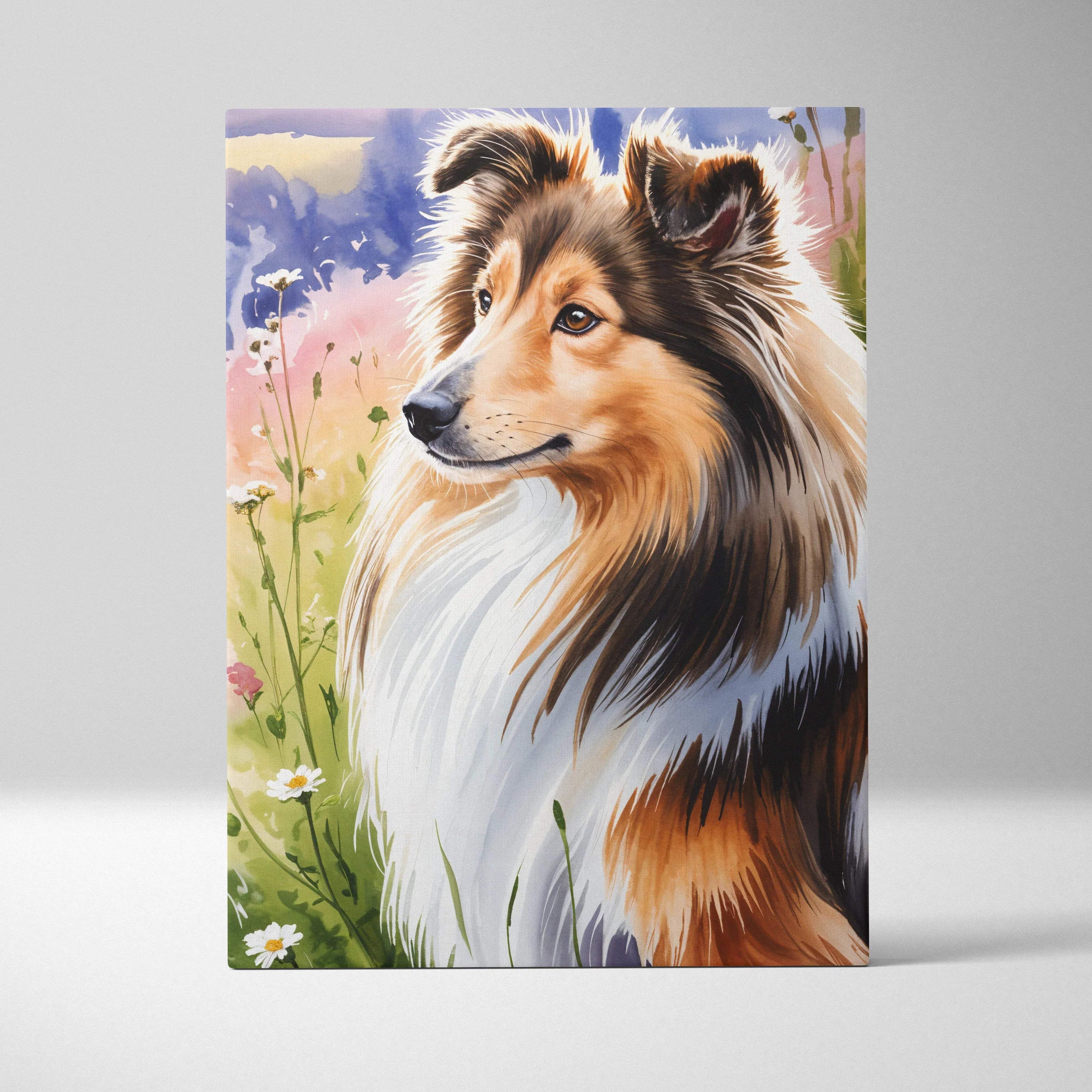 Vibrant watercolor Shetland sheepdog portrait in pastel wildflower meadow canvas art