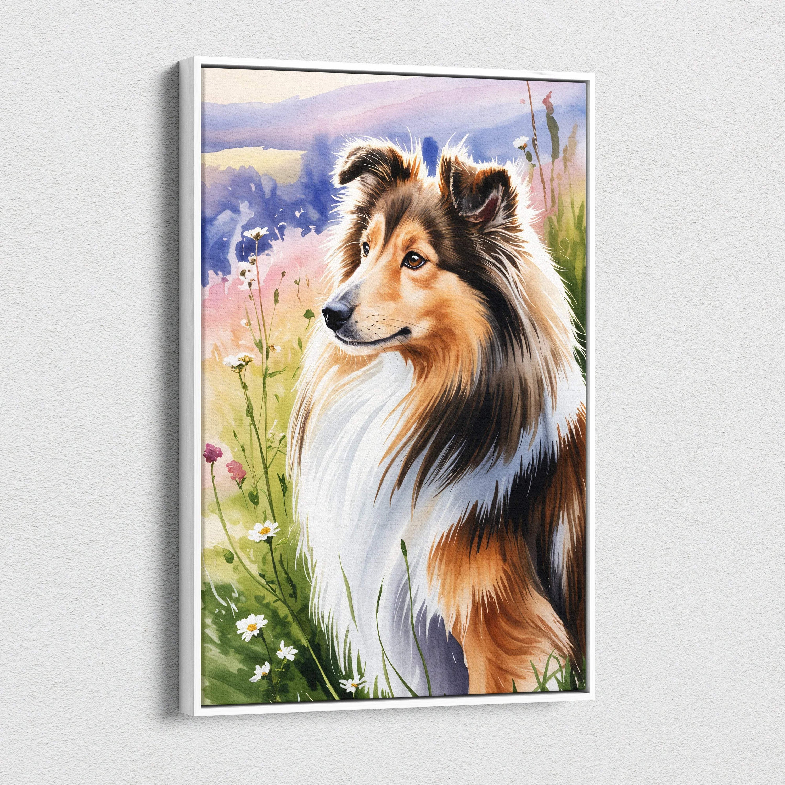 Framed watercolor Shetland sheepdog in wildflower meadow canvas art