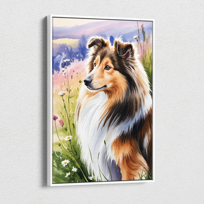 Framed watercolor Shetland sheepdog in wildflower meadow canvas art