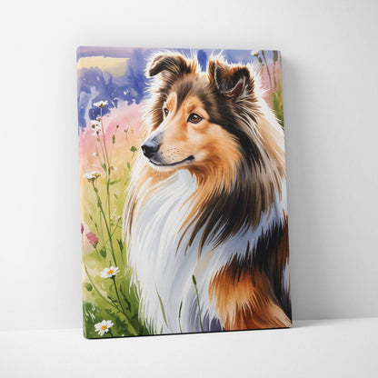 Painterly Shetland sheepdog canvas art in wildflower meadow pastel sky