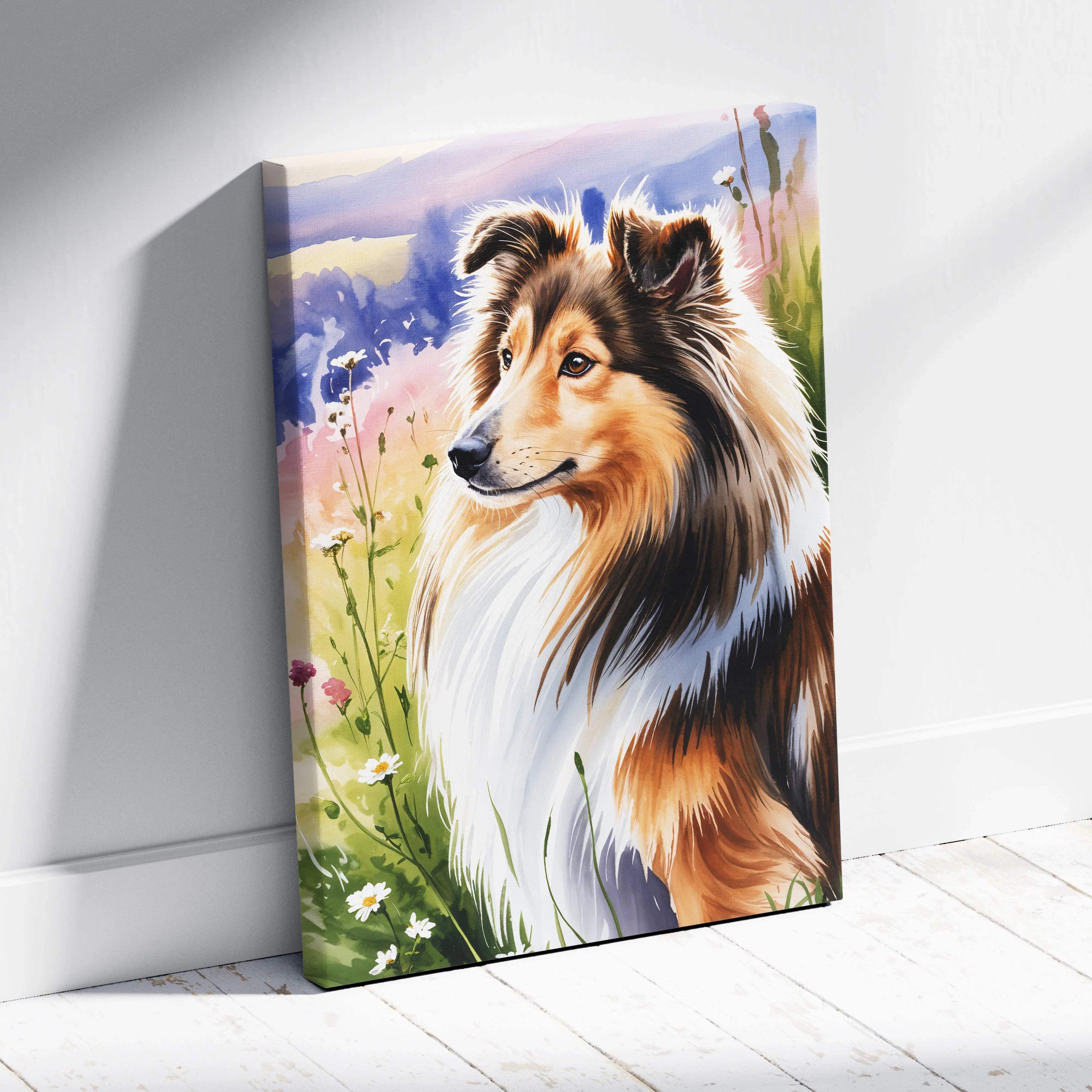 Painterly Shetland sheepdog in wildflower meadow, pastel sky canvas art