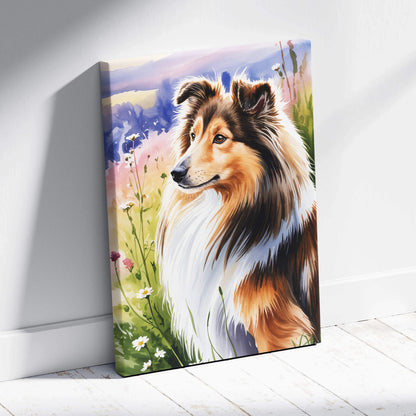 Painterly Shetland sheepdog in wildflower meadow, pastel sky canvas art