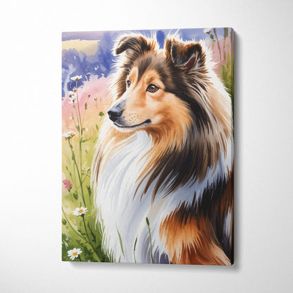 Vibrant watercolor Shetland sheepdog in pastel wildflower meadow canvas art