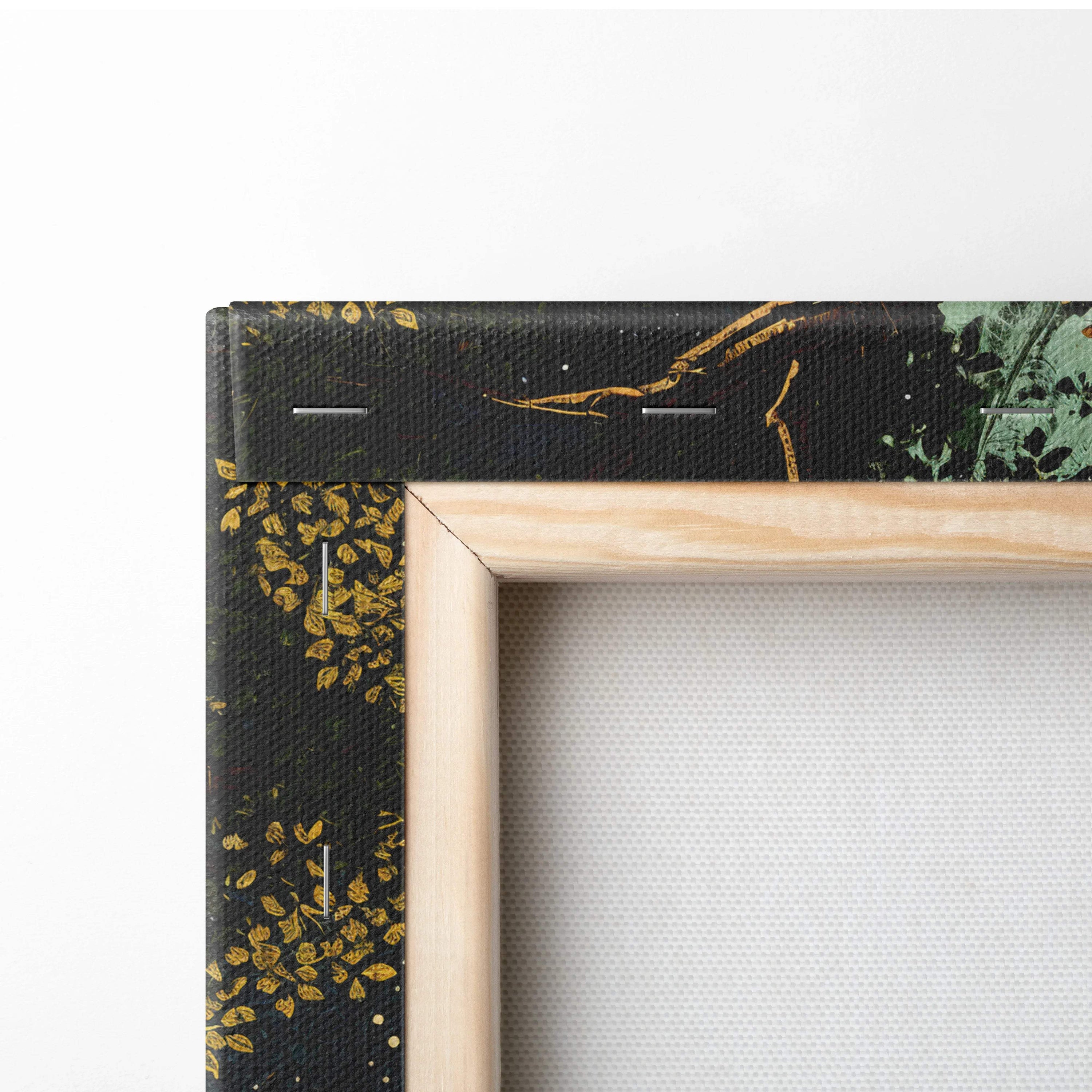 Black canvas with gold leaf pattern in light wood frame, cosmic treehouse art