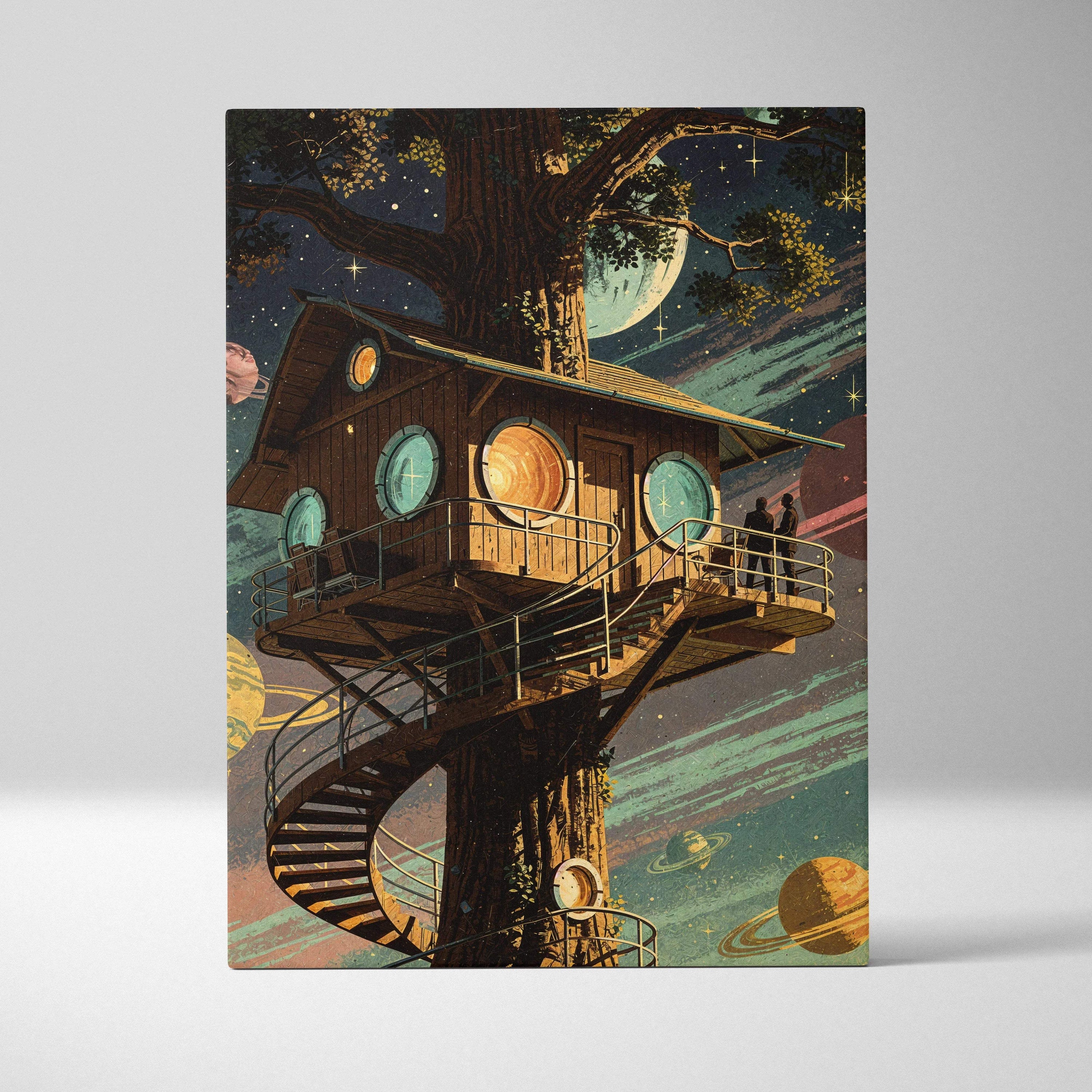 Dreamy cosmic treehouse canvas print with teal planets starry skies warm wood