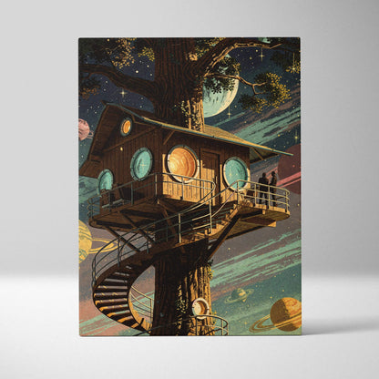 Dreamy cosmic treehouse canvas print with teal planets starry skies warm wood