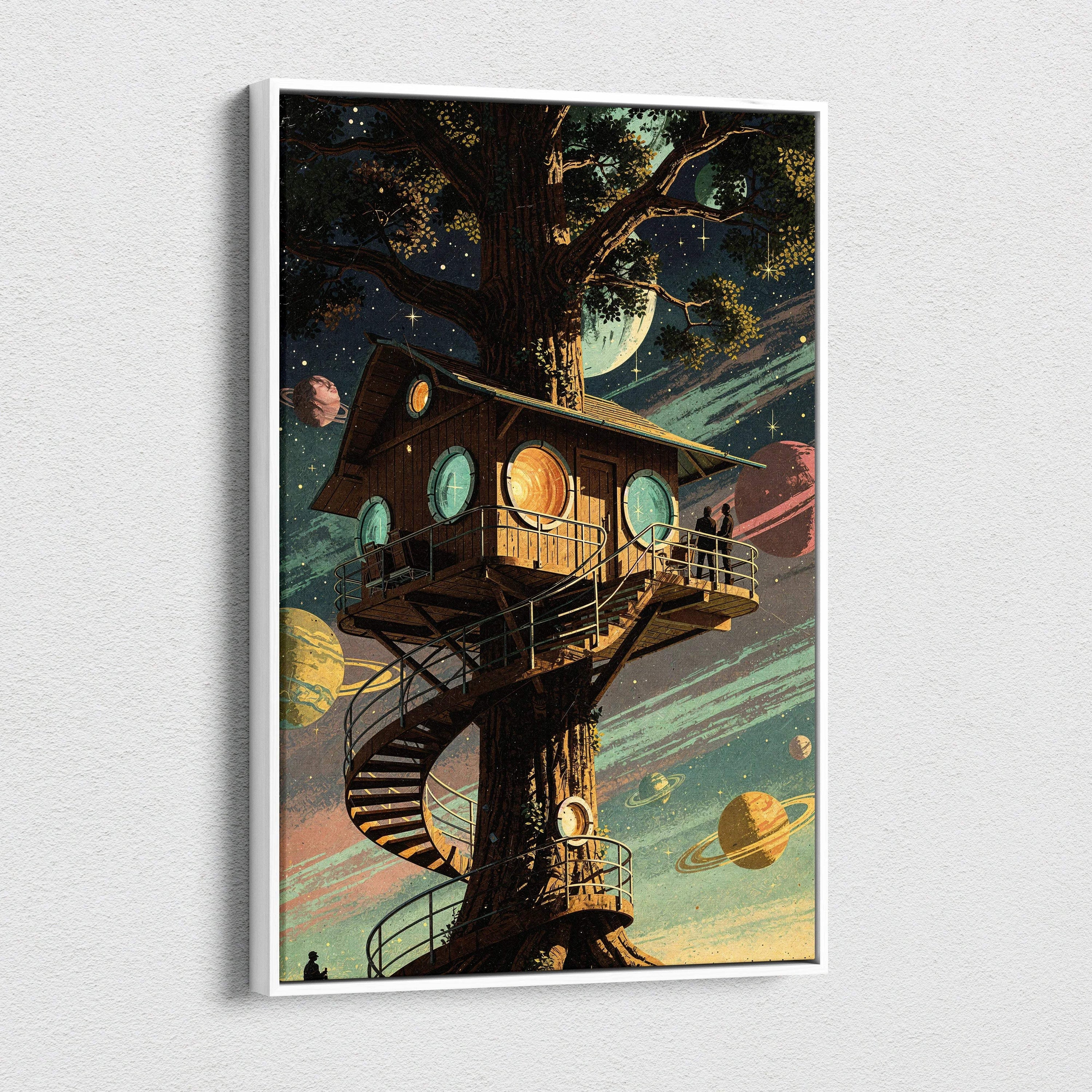 Dreamy cosmic treehouse canvas art with starry skies, teal planets, warm wood