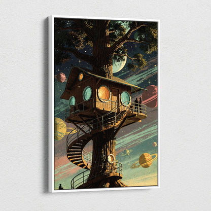 Dreamy cosmic treehouse canvas art with starry skies, teal planets, warm wood