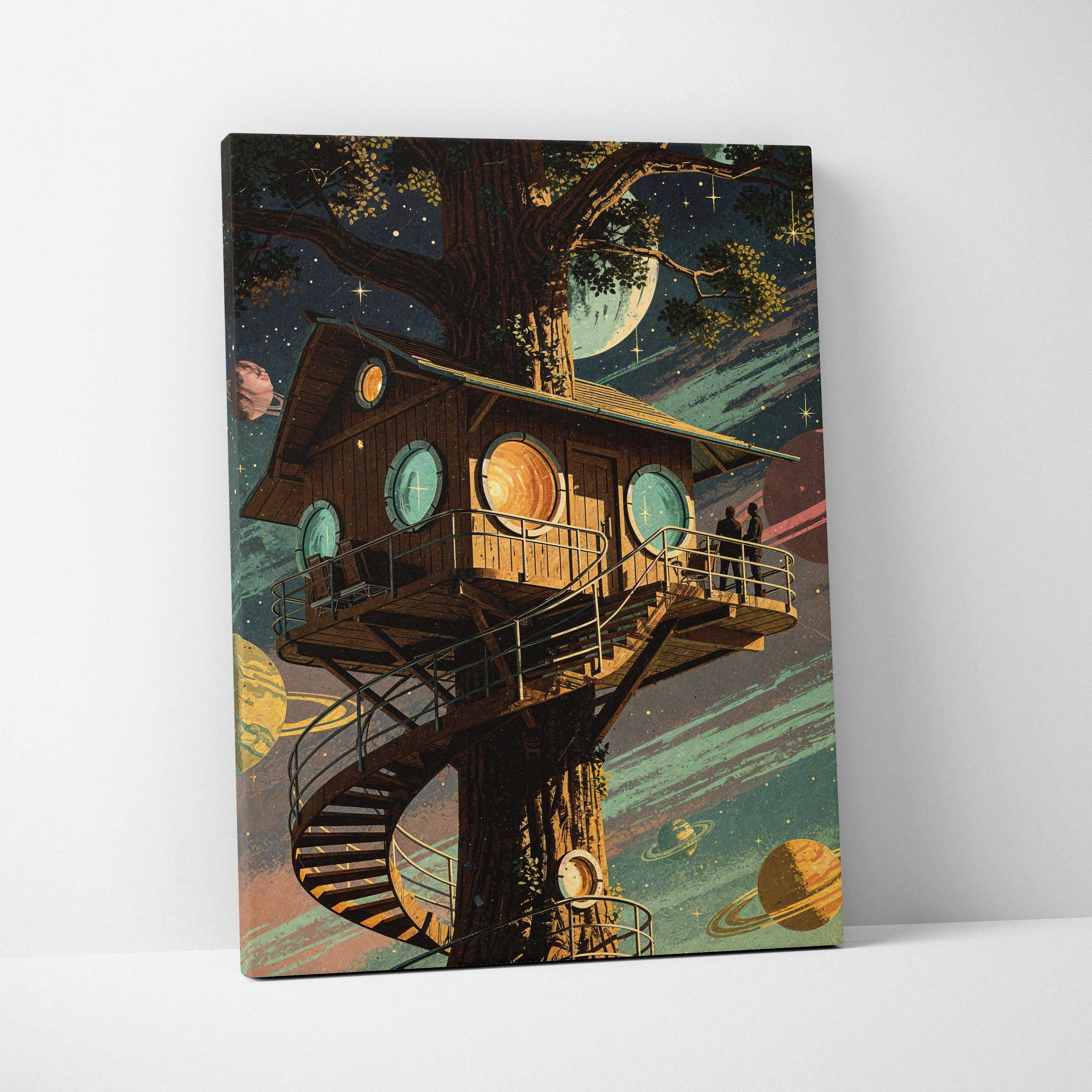 Dreamy cosmic treehouse canvas art with starry skies, teal planets, warm wood