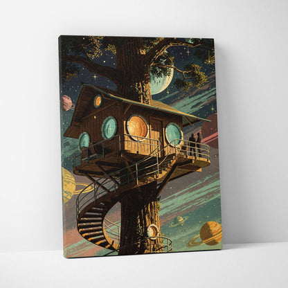 Dreamy cosmic treehouse canvas art with starry skies, teal planets, warm wood