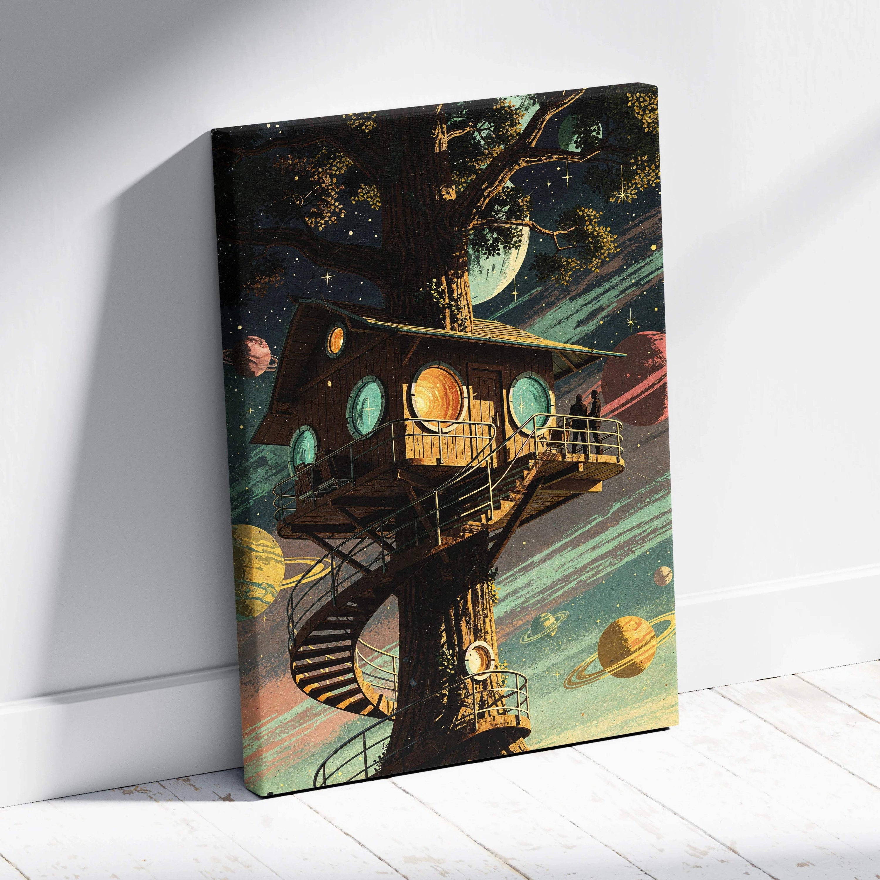 Dreamy cosmic treehouse canvas art with starry skies, warm wood, teal planets, golden light