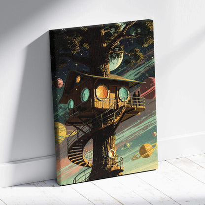 Dreamy cosmic treehouse canvas art with starry skies, warm wood, teal planets, golden light