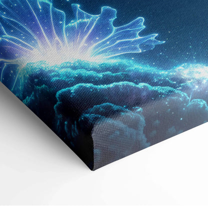 Canvas print of bioluminescent hammerhead shark in ethereal aqua blue cosmic nebula