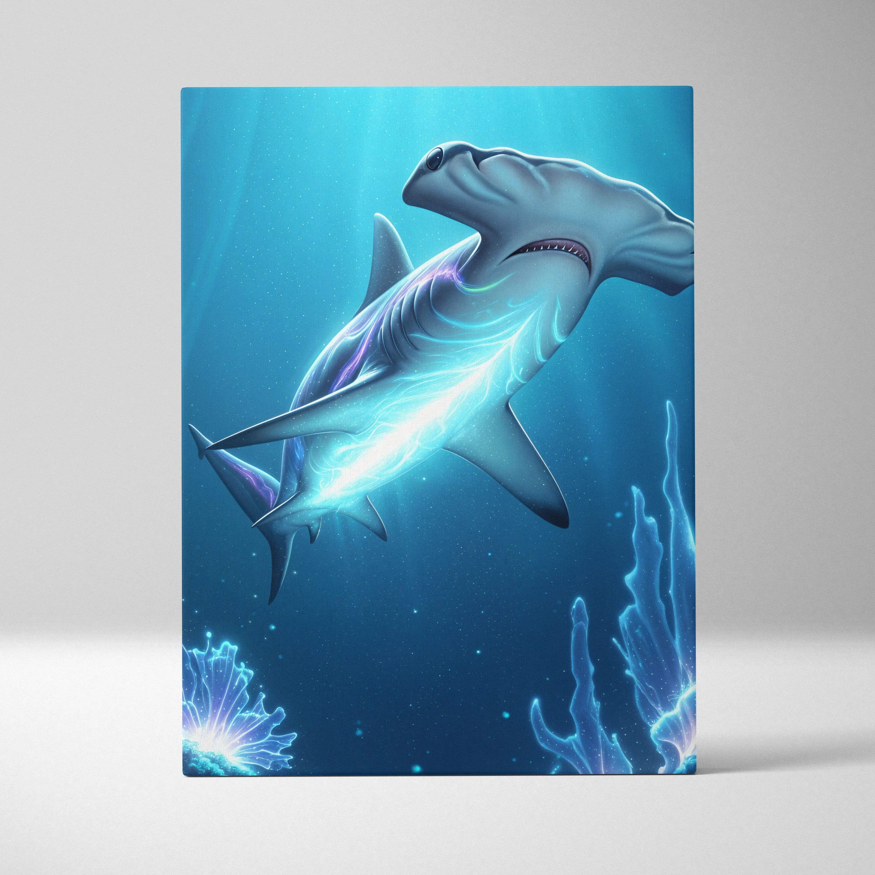Vibrant blue canvas print of glowing hammerhead shark in bioluminescent underwater fantasy