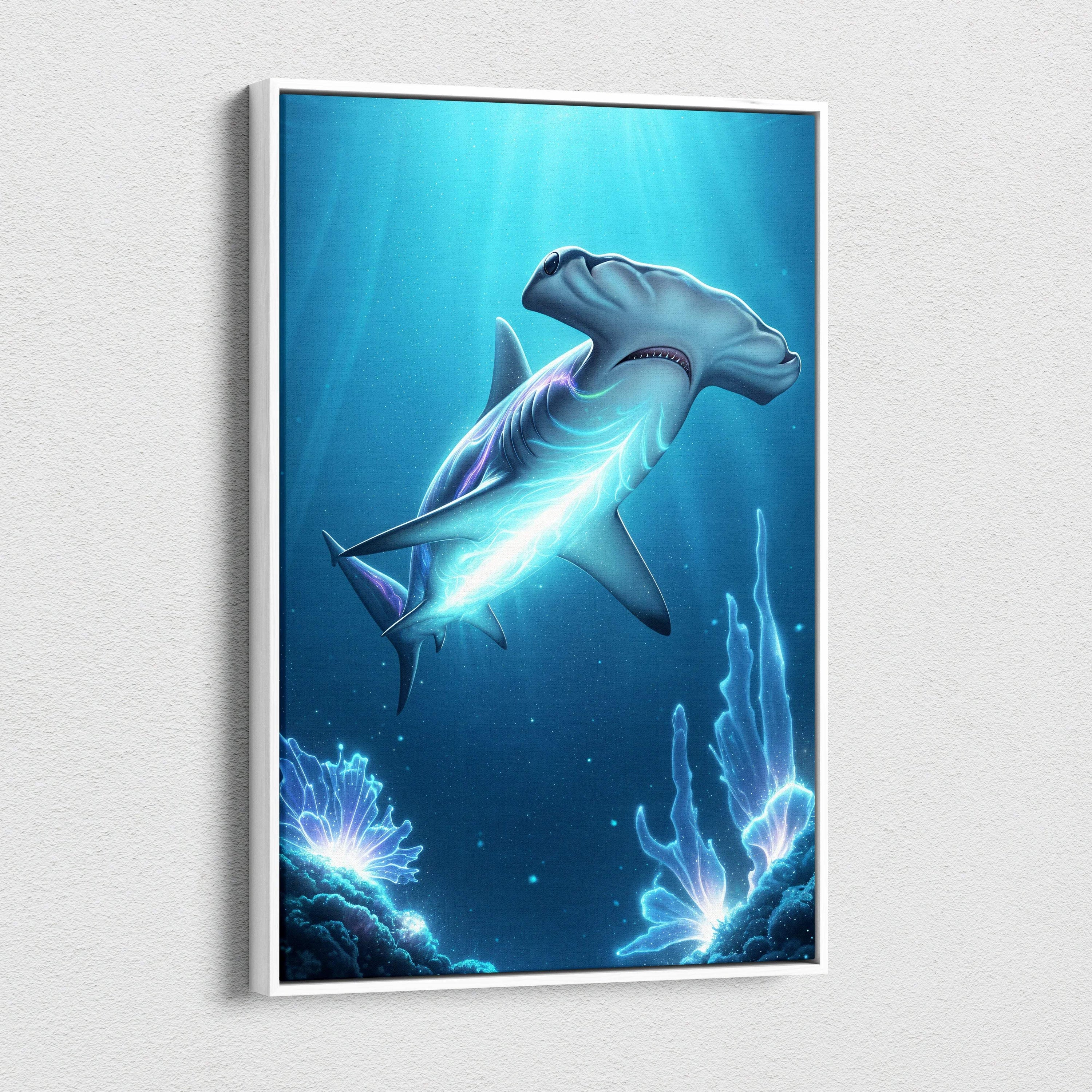 Framed bioluminescent hammerhead shark canvas wall art in aqua blues